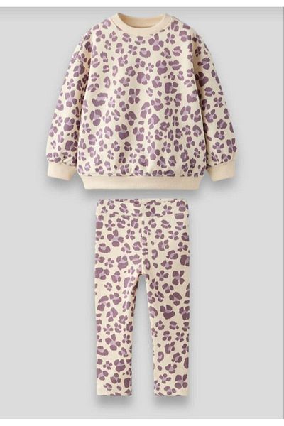 MİO Winter Leopard Print Sweatshirt Leggings Top and Bottom Set Purple