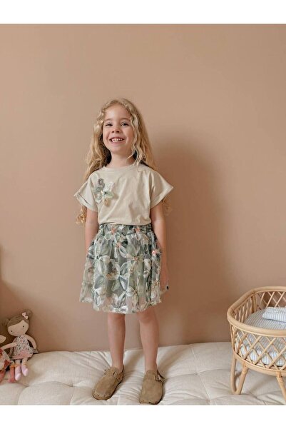 MİO Set bluză cu fustă florală pentru fete Bej