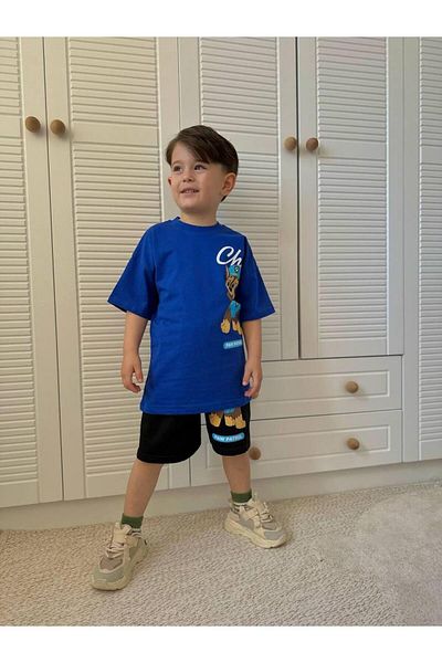 MİO Boy's Cotton Paw Petrol T-Shirt and Shorts Set Navy Blue