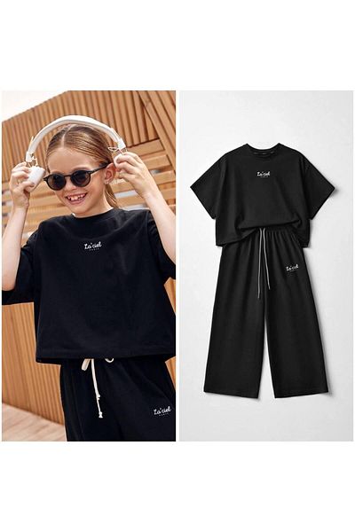 MİO Girl's Oversize Casual Set Cotton T-Shirt Tracksuit Casual Combination Black