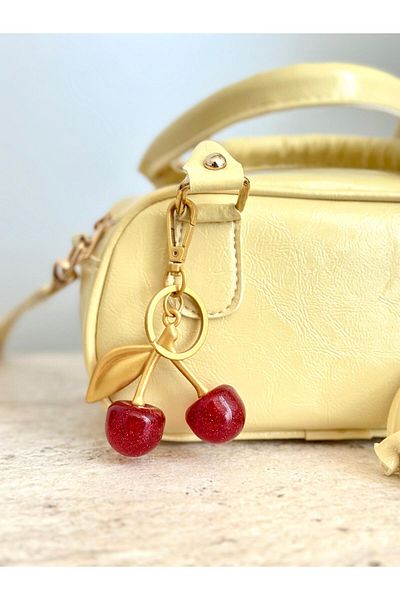 MODA Gold Colored Cherry Figured Keychain and Bag Ornament Charm – Shiny Resin Stone