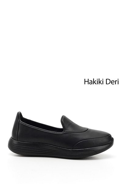 GÖNDERİ(R) BLACK Gön Genuine Leather Round Toe Wedge Sole Women's Casual Shoes 42110