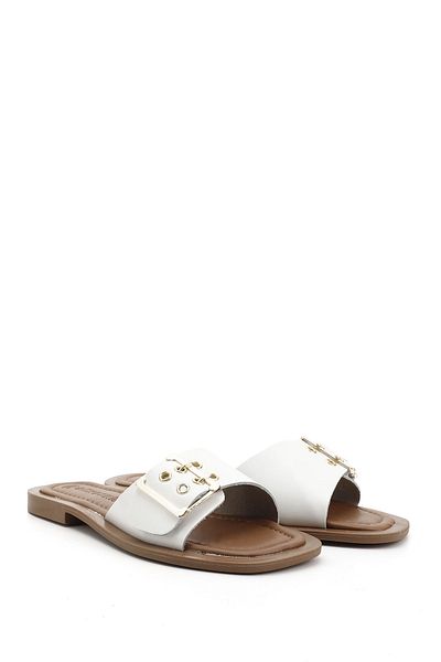GÖNDERİ(R) Women / Girls White Buckle Single Strap Genuine Leather Slippers