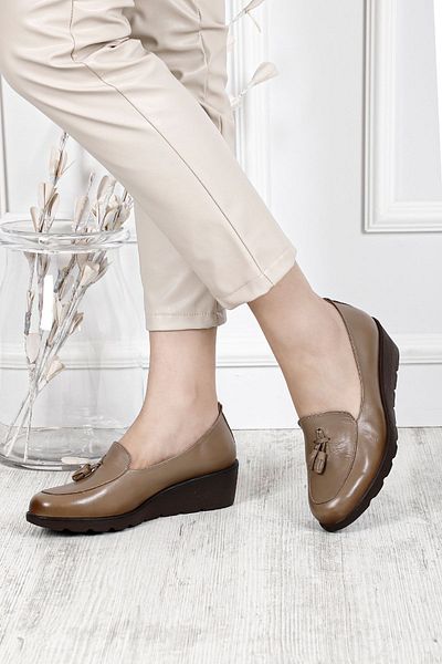 GÖNDERİ(R) Women's Mink Antique Wedge Sole Tasseled Genuine Leather Shoes