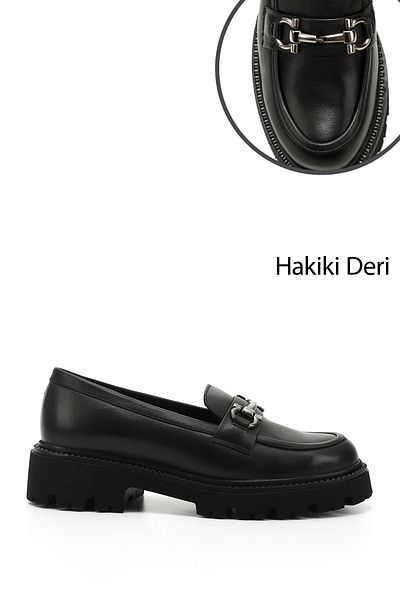 GÖNDERİ(R) Women / Girls Black Thick Heeled Buckle Genuine Leather Loafer Shoes