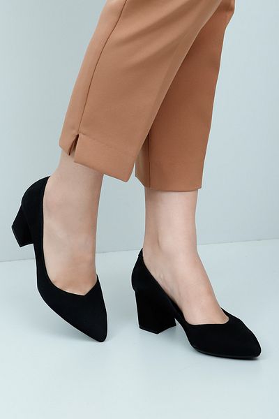 GÖNDERİ(R) Black Suede Genuine Leather Pointed Toe Medium Thick Heeled Women's Shoes 24170