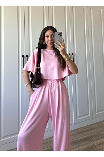 manana fashion MODAL KUMAŞ CROP TSHİRT PALAZZO PANTOLON EŞOFMAN TAKIMI