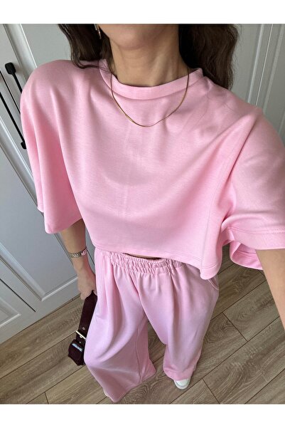 manana fashion MODAL KUMAŞ CROP TSHİRT PALAZZO PANTOLON EŞOFMAN TAKIMI