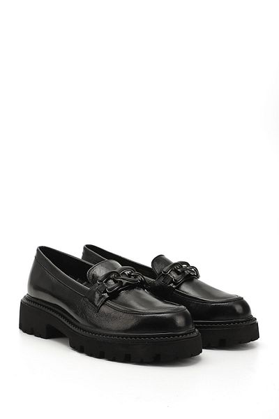 GÖNDERİ(R) Women / Girls Black Patent Leather Thick Heeled Buckle Genuine Leather Loafer Shoes