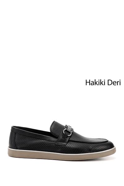 GÖNDERİ(R) Men's Black Buckle Genuine Leather Loafer Shoes