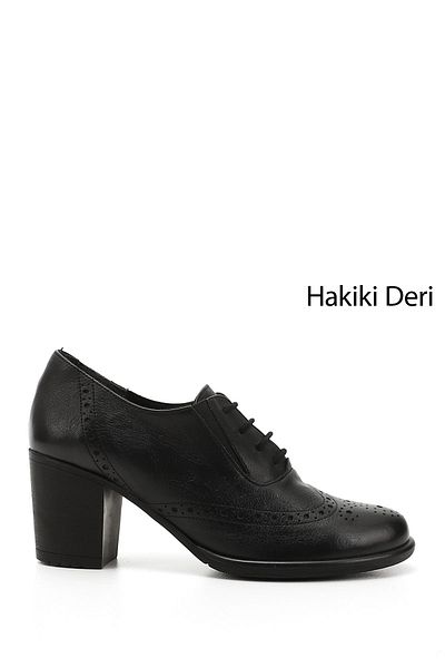 GÖNDERİ(R) Women's Black Lace-Up Medium Thick Heeled Genuine Leather Oxford Shoes