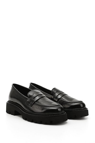 GÖNDERİ(R) Women / Girls Black Patent Leather Thick Heeled Genuine Leather Loafer Shoes