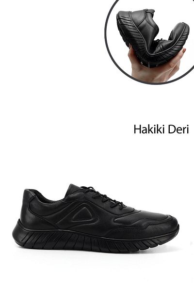 GÖNDERİ(R) Men's Black Lace-Up Genuine Leather Comfort Sneaker