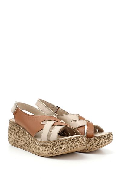 GÖNDERİ(R) Women / Girls Beige Tan Velcro Strap Genuine Leather Wedge Sandals