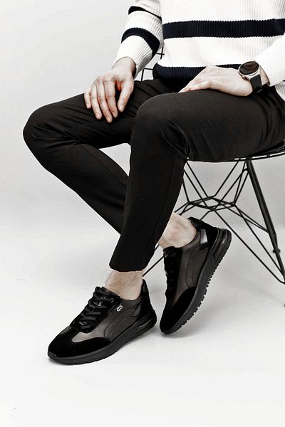 GÖNDERİ(R) Men's Black Lace-Up Genuine Leather Sneakers with Gel Soles