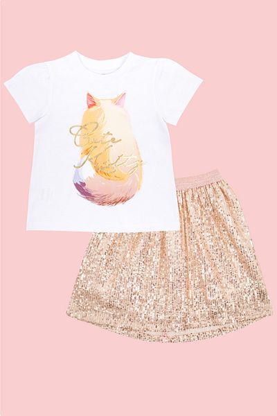 Mavipink Girl's Cat Printed Sequin Sequined Skirt 2-Piece Set