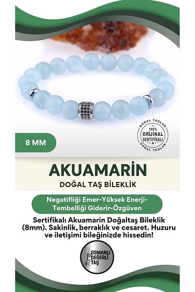 OSMANLI DEĞERLİ TAŞ 8mm Aquamarine Bracelet - Certified Natural Stone - B315