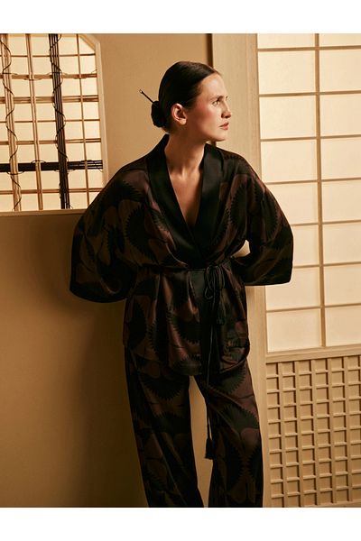 DAPHNE SPORT Viscous Kimono Pajamas Printed Satin Shirt Bottom with Wings Loose Cut English Collar Long Sleeve
