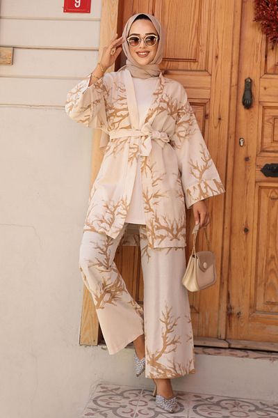 Neva Style Camel Patterned Hijab Kimono Set - 12121c