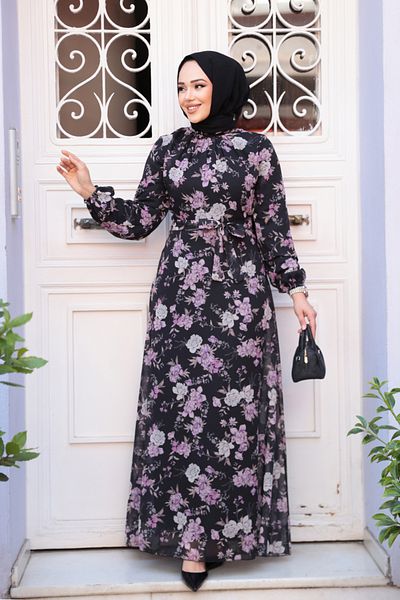 Neva Style Floral Patterned Black Hijab Dress 279912 S