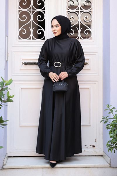 Neva Style Μαύρο Σατέν Φόρεμα Hijab 5727s