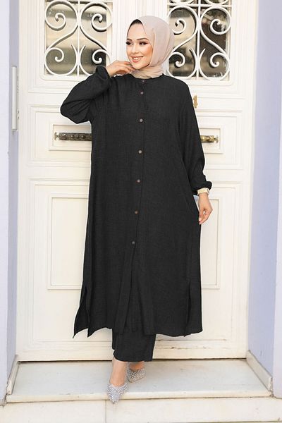 Neva Style Set dublu hijab negru - cu nasturi, 19017S