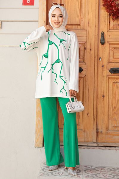 Neva Style Green Patterned Hijab Double Set - 40225Y