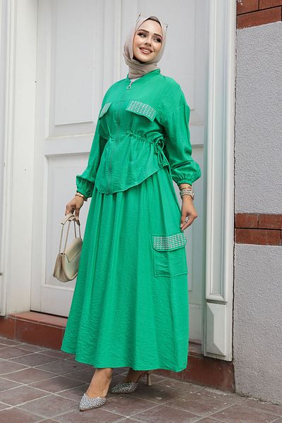 Neva Style Πράσινο Σετ Φούστα με Φερμουάρ Hijab - 14225Y