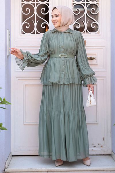 N.S NEVA STYLE Διπλό Σετ με Πλισέ Πράσινη Φούστα Hijab 4478CY