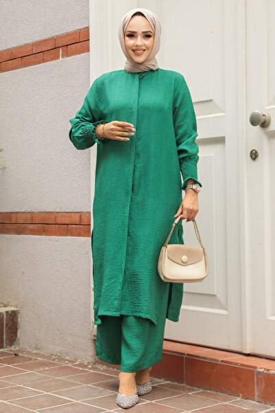 Neva Style Green Hijab Buttoned Double Set - 12591Y