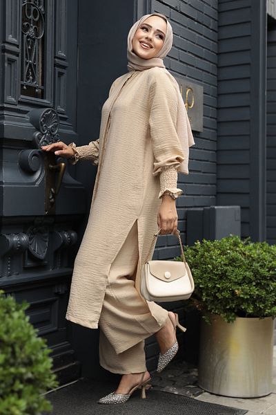 Neva Style Beige Hijab Double Set - Buttoned, Model 12591Beige