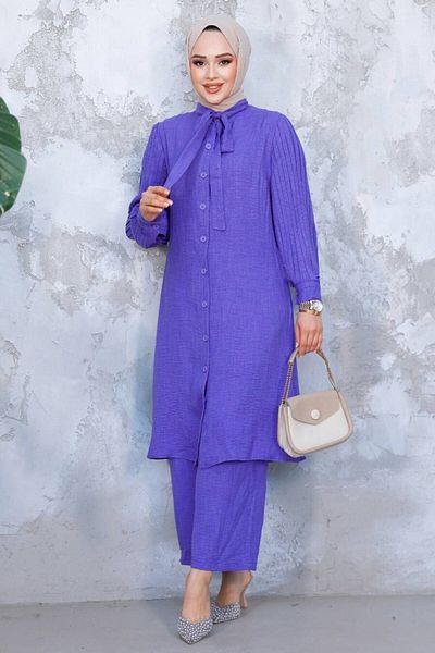 Neva Style Purple Hijab Pleated Sleeves Double Set - 51991Purple