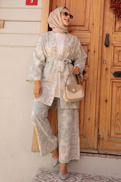 Neva Style Set kimono Hijab cu model verde Çağla - 12122CY