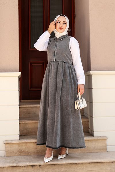 N.S NEVA STYLE Τζιν με φερμουάρ Anthracite Hijab Gilet Φόρεμα 19135ANT