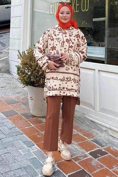 Neva Style Hooded Patterned Tan Hijab Double Set 9296Tb