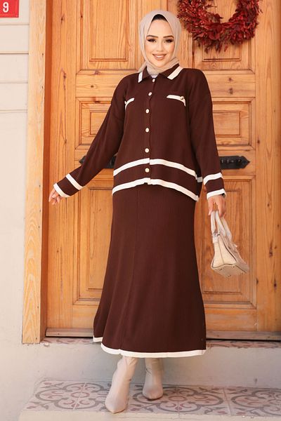 Neva Style Brown Hijab Skirt Knitwear Double Suit - Buttoned 23326Kh