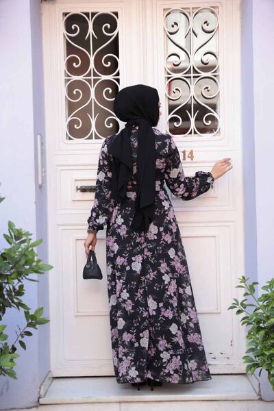 Neva Style Floral Patterned Black Hijab Dress 279912 S