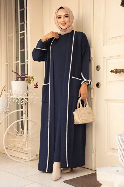 Neva Style Navy Blue Hijab Knitwear Dress Double Suit - 50113L