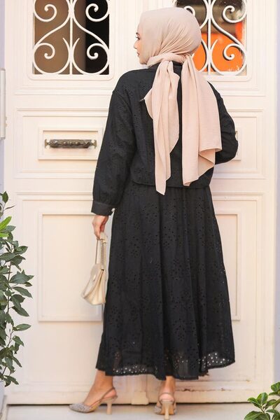 Neva Style Черен костюм от две части с дантела и хиджаб, 14171S