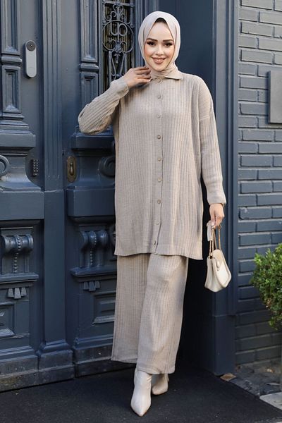 Neva Style Buttoned Mink Hijab Knitwear Double Set 33860V