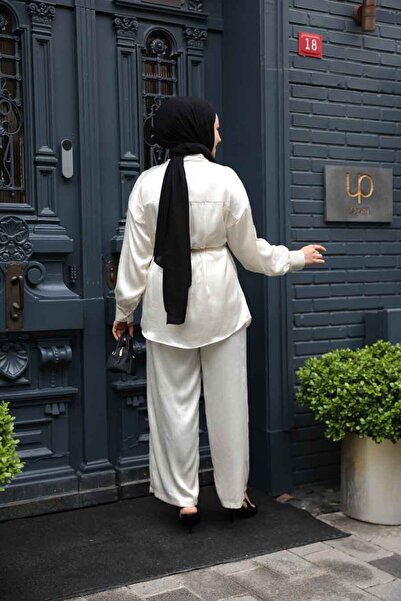 N.S NEVA STYLE Buttoned Cream Hijab Double Suit 4016Kr