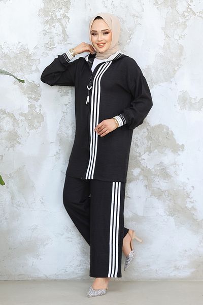 Neva Style Zippered Black Hijab Fabric Double Set 80013S
