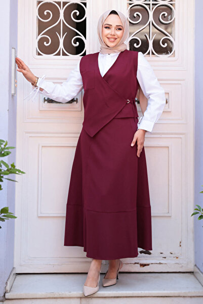 N.S NEVA STYLE Burgundy Hijab Skirted Double Suit 75471Br