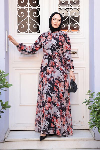Neva Style Φόρεμα Hijab με λουλούδια μαύρο 27970S