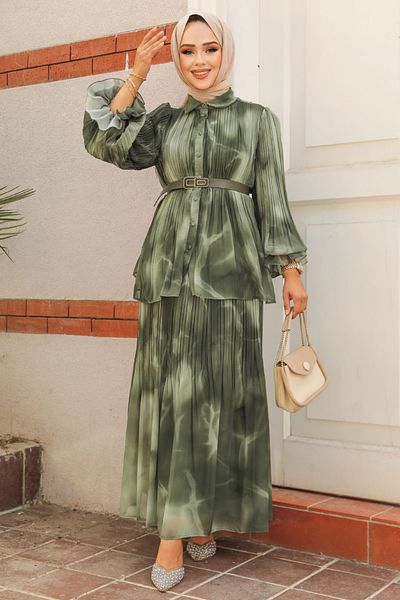 Neva Style Комплект от две плисирани хиджаби в цвят каки - 45291HK