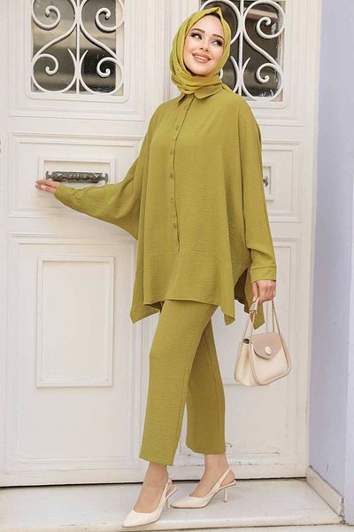 Neva Style Σετ Hijab με πράσινο κουμπί λαδιού - 67751YY