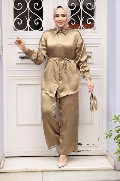 N.S NEVA STYLE Κουμπιά Oil Green Hijab Διπλό Σετ 4016YY