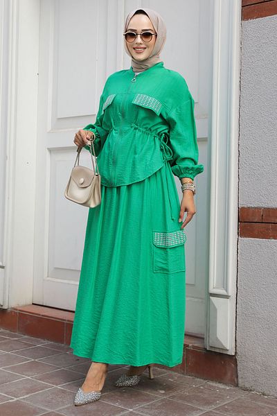 Neva Style Πράσινο Σετ Φούστα με Φερμουάρ Hijab - 14225Y