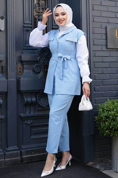 N.S NEVA STYLE Γιλέκο Baby Blue Hijab Τριπλό Σετ 6169BM