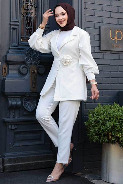 N.S NEVA STYLE Σακάκι Ecru Hijab Διπλό Σετ 61851E